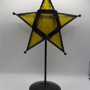 Vintage celestial star yellow stained embossed glass tea light/votive holder